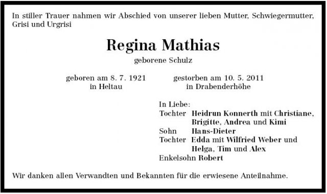 Schulz Regina 1921-2011 Todesanzeige